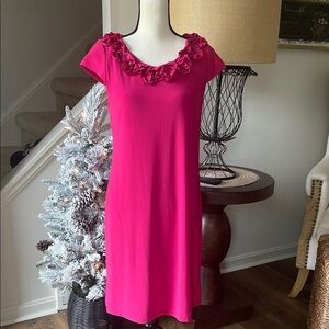 MSK Charming Pink Ruffle Neck Dress Capped Sleeves Lightweight Size 12